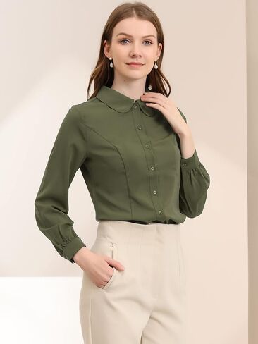 Allegra K Women's Button Up Shirt Business Casual Career Peter Pan Collar Long Bishop Sleeve Blouse in Saudi Arabia