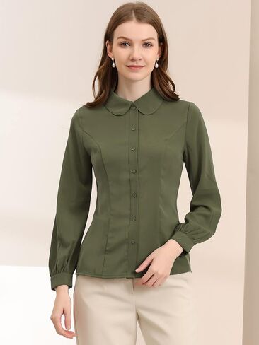 Allegra K Women's Button Up Shirt Business Casual Career Peter Pan Collar Long Bishop Sleeve Blouse in Saudi Arabia