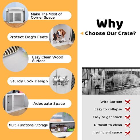 أثاث قفص زاوية للكلاب مع مساحة تخزين، قفص كلب حديث مطور مقاس 51.3 بوصة، طاولة نهائية، قفص داخلي للحيوانات الأليفة للكلاب الصغيرة والمتوسطة والكبيرة، أبيض، مثالي لغرفة محدودة in Kuwait