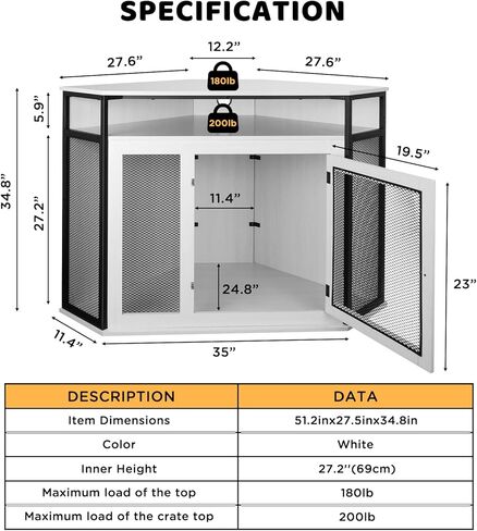 أثاث قفص زاوية للكلاب مع مساحة تخزين، قفص كلب حديث مطور مقاس 51.3 بوصة، طاولة نهائية، قفص داخلي للحيوانات الأليفة للكلاب الصغيرة والمتوسطة والكبيرة، أبيض، مثالي لغرفة محدودة in Kuwait
