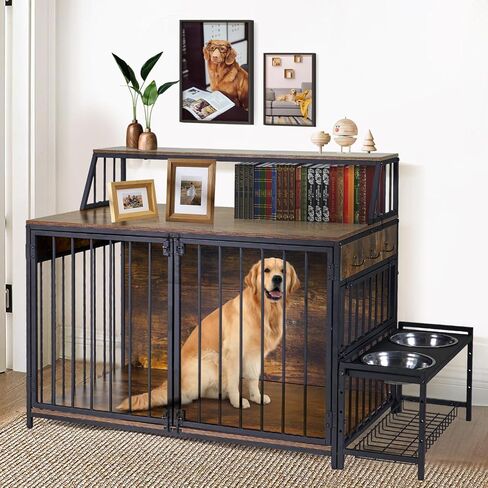 أثاث قفص كبير للكلاب مع أوعية مرتفعة للكلاب، بيت خشبي للكلاب مقاس 99 سم ​​مع 3 أبواب وأرفف تخزين من طبقتين، قفص للكلاب شديد التحمل مضاد للمضغ للكلاب يصل وزنها إلى 70 رطل، بني ريفي in Kuwait