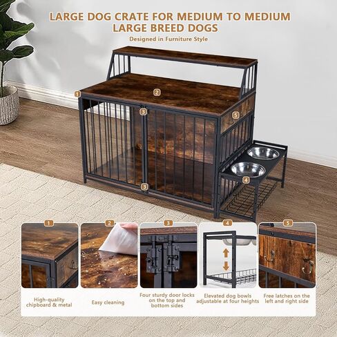 أثاث قفص كبير للكلاب مع أوعية مرتفعة للكلاب، بيت خشبي للكلاب مقاس 99 سم ​​مع 3 أبواب وأرفف تخزين من طبقتين، قفص للكلاب شديد التحمل مضاد للمضغ للكلاب يصل وزنها إلى 70 رطل، بني ريفي in Kuwait