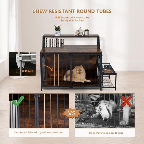 أثاث قفص كبير للكلاب مع أوعية مرتفعة للكلاب، بيت خشبي للكلاب مقاس 99 سم ​​مع 3 أبواب وأرفف تخزين من طبقتين، قفص للكلاب شديد التحمل مضاد للمضغ للكلاب يصل وزنها إلى 70 رطل، بني ريفي in Kuwait