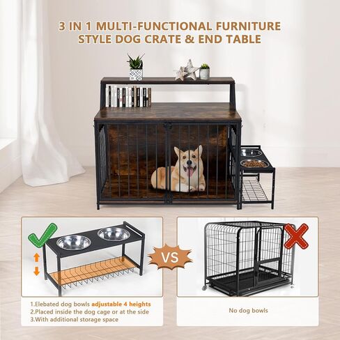 أثاث قفص كبير للكلاب مع أوعية مرتفعة للكلاب، بيت خشبي للكلاب مقاس 99 سم ​​مع 3 أبواب وأرفف تخزين من طبقتين، قفص للكلاب شديد التحمل مضاد للمضغ للكلاب يصل وزنها إلى 70 رطل، بني ريفي in Kuwait