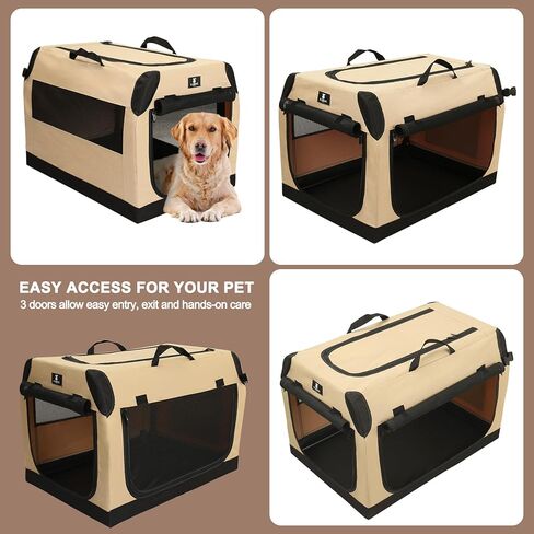 X-ZONE PET Dog Crate Travel Cage for Large Dogs Portable Collapsible Cat Kennel with 3-Door Durable and Easy Clear Indoor & Outdoor Pet Home 36 '' Beige in Kuwait