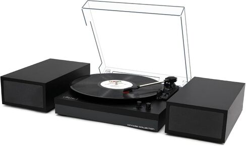 Vinyl Record Player with Stereo Bookshelf Speakers, 3-Speed Belt-Drive Turntable, Modern Vinyl LP Player with Wireless Playback, Auto Stop, RCA Output | Black Leather in Saudi Arabia