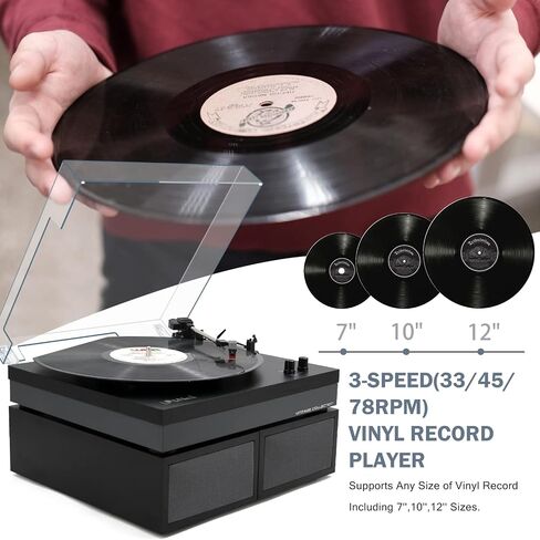 Vinyl Record Player with Stereo Bookshelf Speakers, 3-Speed Belt-Drive Turntable, Modern Vinyl LP Player with Wireless Playback, Auto Stop, RCA Output | Black Leather in Saudi Arabia