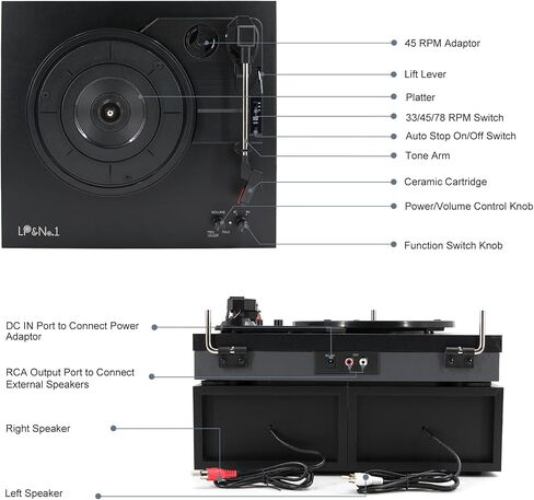 Vinyl Record Player with Stereo Bookshelf Speakers, 3-Speed Belt-Drive Turntable, Modern Vinyl LP Player with Wireless Playback, Auto Stop, RCA Output | Black Leather in Saudi Arabia