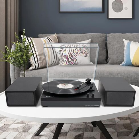 Vinyl Record Player with Stereo Bookshelf Speakers, 3-Speed Belt-Drive Turntable, Modern Vinyl LP Player with Wireless Playback, Auto Stop, RCA Output | Black Leather in Saudi Arabia