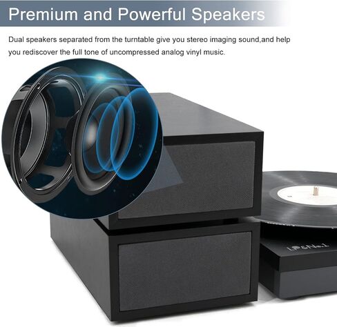 Vinyl Record Player with Stereo Bookshelf Speakers, 3-Speed Belt-Drive Turntable, Modern Vinyl LP Player with Wireless Playback, Auto Stop, RCA Output | Black Leather in Saudi Arabia