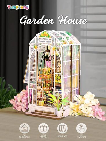 tomyoung DIY Book Nook Kit, Wooden Bookcase Garden House Miniature Kit with LED Light, Decor Bookends, Garden House DIY 3D Puzzles Craft Hobby for Adults Girls Boys in Saudi Arabia