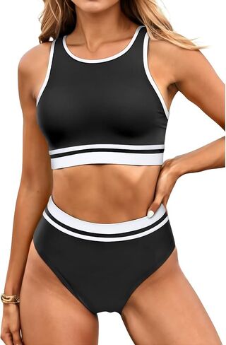 Yonique Women Sport Bikini Set Two Piece High Waist Swimsuit High Neck Colorblock Bathing Suit for Teen Juniors in Saudi Arabia
