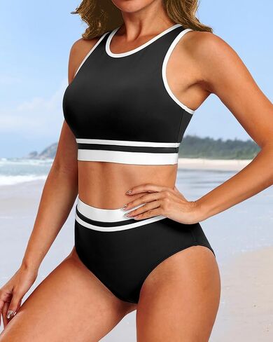 Yonique Women Sport Bikini Set Two Piece High Waist Swimsuit High Neck Colorblock Bathing Suit for Teen Juniors in Saudi Arabia