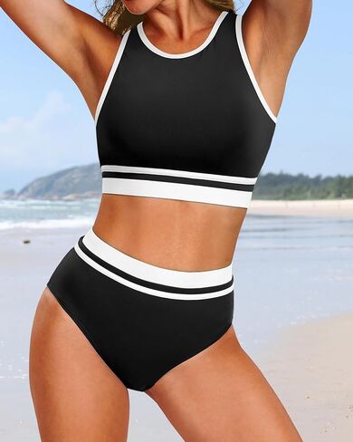 Yonique Women Sport Bikini Set Two Piece High Waist Swimsuit High Neck Colorblock Bathing Suit for Teen Juniors in Saudi Arabia