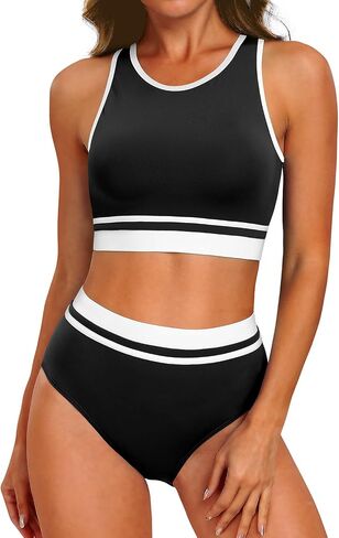 Yonique Women Sport Bikini Set Two Piece High Waist Swimsuit High Neck Colorblock Bathing Suit for Teen Juniors in Saudi Arabia