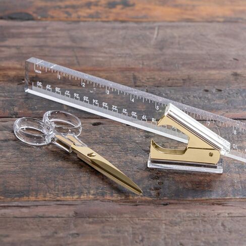 Staple & Stick | Stationery & Desk Accessories | Scissors, Staple Remover & Ruler Set | Rose Gold & Clear Acrylic Lucite | Office Desk Accessories | Office Gift Set in Saudi Arabia