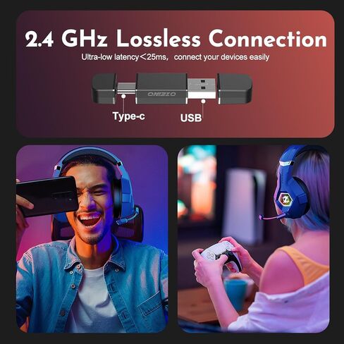 سماعة رأس Ozeino اللاسلكية للألعاب 2.4 جيجا هرتز USB وبلوتوث 5.3 مع ميكروفون مرن لإلغاء الضوضاء، خفيف الوزن للغاية، بطارية 40 ساعة للكمبيوتر الشخصي، PS4، PS5، Mac، Switch (أزرق داكن) in Saudi Arabia