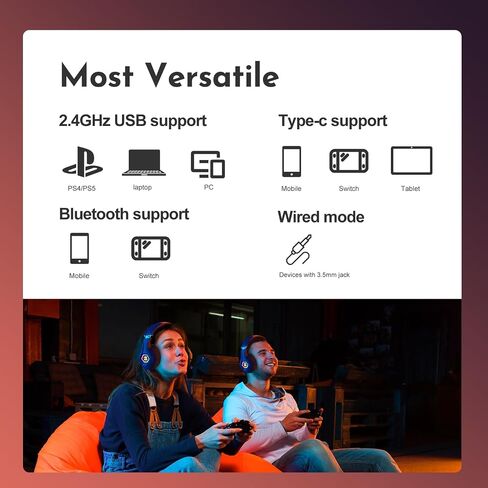 سماعة رأس Ozeino اللاسلكية للألعاب 2.4 جيجا هرتز USB وبلوتوث 5.3 مع ميكروفون مرن لإلغاء الضوضاء، خفيف الوزن للغاية، بطارية 40 ساعة للكمبيوتر الشخصي، PS4، PS5، Mac، Switch (أزرق داكن) in Saudi Arabia