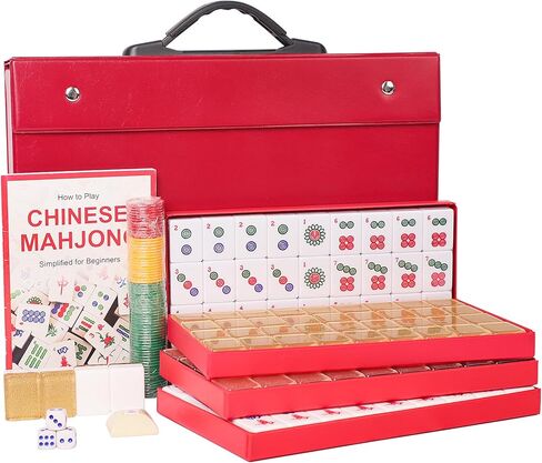 مجموعة ماجونج الصينية، مجموعة ألعاب ماجونج، 148 بلاطة أكريليك كبيرة مرقمة (1.5 بوصة)، مجموعة بلاط ماجونج مع حقيبة حمل حمراء (Mah-Jong، Ma Jong) in Kuwait