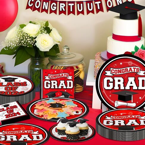 RUMIA 50 Set Graduation Party Plates and Napkins Red Black Graduation Party Supplies Class of 2024 Congrats Grad Disposable Paper Plates Napkins Dinnerware Set for 2024 Graduation Party Decorations in Saudi Arabia