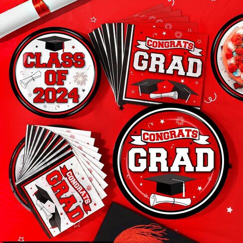 RUMIA 50 Set Graduation Party Plates and Napkins Red Black Graduation Party Supplies Class of 2024 Congrats Grad Disposable Paper Plates Napkins Dinnerware Set for 2024 Graduation Party Decorations in Saudi Arabia