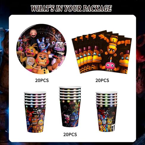 60 pcs Five Nights Birthday Party Supplies Disposable Tableware Include Plates,Cupsand Napkins for Kids Birthday Decorations (Serves 20） in Kuwait
