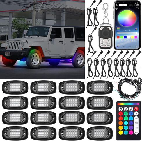 Treela 16 Pods RGB Rock Lights Multicolor Neon Underglow LED Flashing Lighting with Extension Wires with Remote Voice Mode Lighting Kit for Car SUV ATV UTV Truck Motorcycle in Saudi Arabia