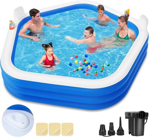 Inflatable Swimming Pool with Pump, 90" X 90" X 26" Kiddie Pool with Seats and Headrests, Oversized Thickened Blow-Up Pool for Kids, Adults, Family, Pools for Outdoor, Backyard, Indoor in Kuwait