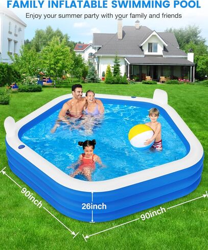 Inflatable Swimming Pool with Pump, 90" X 90" X 26" Kiddie Pool with Seats and Headrests, Oversized Thickened Blow-Up Pool for Kids, Adults, Family, Pools for Outdoor, Backyard, Indoor in Kuwait