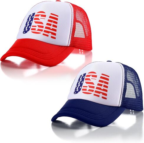 Jiuguva 2 Pieces USA Baseball Cap American Flag Trucker Cap Patriotic Retro Funny Hat Adjustable Mesh Adult Hat for Women Men Red, Navy in Kuwait