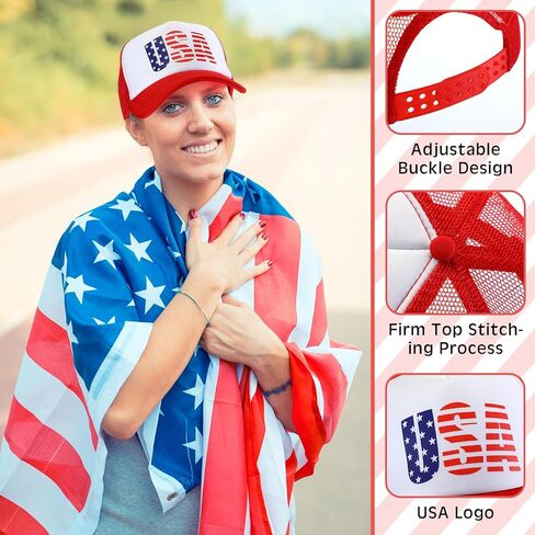 Jiuguva 2 Pieces USA Baseball Cap American Flag Trucker Cap Patriotic Retro Funny Hat Adjustable Mesh Adult Hat for Women Men Red, Navy in Kuwait