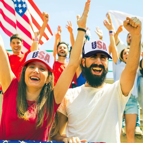 Jiuguva 2 Pieces USA Baseball Cap American Flag Trucker Cap Patriotic Retro Funny Hat Adjustable Mesh Adult Hat for Women Men Red, Navy in Kuwait