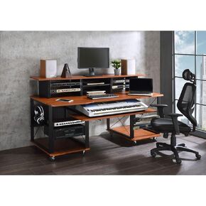 roomfitters Megara Cherry and Black Music Desk, High-Capacity 76-Key Audio Production Workstation, Multi-Tier Engineering Studio Console in Kuwait