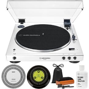 Audio-Technica AT-LP60XBT-WW Fully Automatic Wireless Belt-Drive Turntable with Bluetooth Bundle with Record Care Solution, Deco Gear Cleaning Kit, Stroboscope and Record Stabilizer in Saudi Arabia