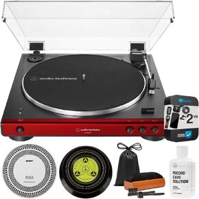 Audio-Technica AT-LP60XBT-RD Automatic Belt-Drive Bluetooth Turntable, Red/Black Bundle with 2 YR CPS Enhanced Protection Pack, Record Care Solution, Cleaning Kit, Stroboscope and Record Stabilizer in Saudi Arabia