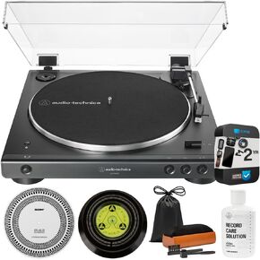 Audio-Technica AT-LP60XBT-BK Fully Automatic Belt-Drive Bluetooth Turntable, Black Bundle with 2 YR CPS Enhanced Protection Pack, Record Care Solution, Cleaning Kit, Stroboscope and Record Stabilizer in Saudi Arabia
