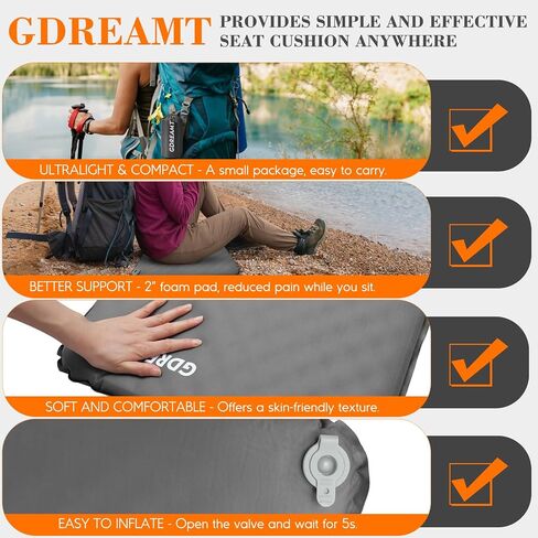 Inflatable Seat Cushion, Self-Inflating Memory Foam Stadium Seats Cushion Portable Camping Air-Foam Sitting Pad for Travel Airplane Car Bleachers Backpacking Office, Lightweight & Compact in Saudi Arabia