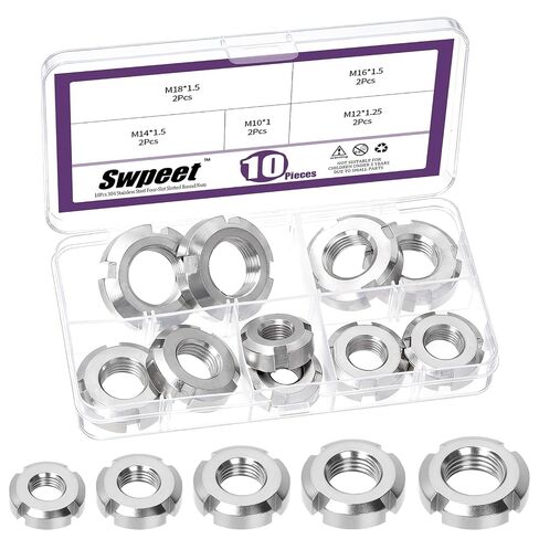 Swpeet 10Pcs 5 Sizes 304 Stainless Steel Retaining Four-Slot Slotted Round Nuts Assortment Kit, Fine Pitch Thread Four Slot Nut Retaining Lock Nut, Round Lock Nut for Machinery Equipment, Vehicles in Kuwait