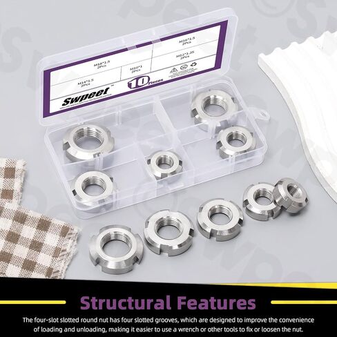 Swpeet 10Pcs 5 Sizes 304 Stainless Steel Retaining Four-Slot Slotted Round Nuts Assortment Kit, Fine Pitch Thread Four Slot Nut Retaining Lock Nut, Round Lock Nut for Machinery Equipment, Vehicles in Kuwait