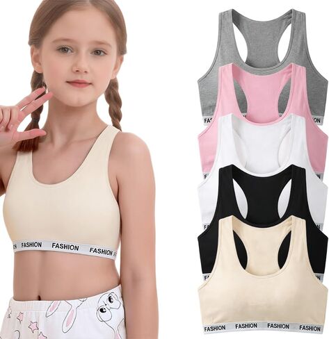 5 Pack Girls'Cotton Sports Bra with Light Pads Wireless Underwear Vest-Style Bra for Teens 10-16 Years in Kuwait