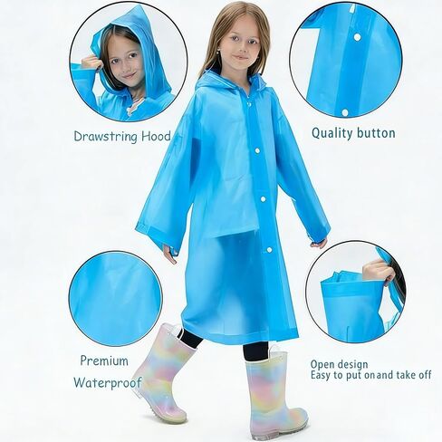 Reusable Rain Poncho – 0.16mm Thick EVA Waterproof Raincoat with Hood, One Size (Chest 43", Length 35"), Packable for Travel – Blue in Kuwait