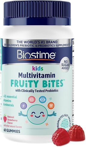 Biostime Kids Multivitamin Gummies with Probiotics & 11 Essential Vitamins (Ages 4+) | Multivitamin for Kids | No Added Sugar Fruity Bites | Free from Top 9 Allergens | 50 Count in Kuwait