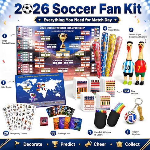 2026 Soccer Tournament Extra Large Schedule Poster, Soccer Trading Cards Set, 20 Sheets Footable Tattoos, Keychain, 2Pcs Screaming Chicken&4Pcs Cheering Balloon Stick for Fans Gifts Party Decorations in Kuwait