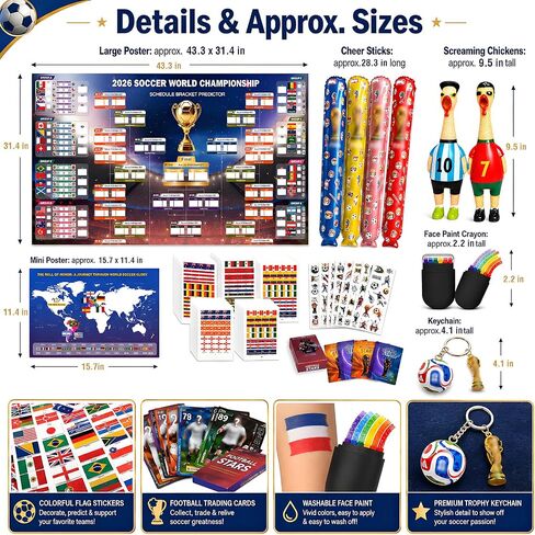 2026 Soccer Tournament Extra Large Schedule Poster, Soccer Trading Cards Set, 20 Sheets Footable Tattoos, Keychain, 2Pcs Screaming Chicken&4Pcs Cheering Balloon Stick for Fans Gifts Party Decorations in Kuwait