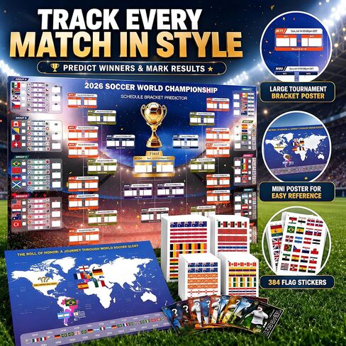 2026 Soccer Tournament Extra Large Schedule Poster, Soccer Trading Cards Set, 20 Sheets Footable Tattoos, Keychain, 2Pcs Screaming Chicken&4Pcs Cheering Balloon Stick for Fans Gifts Party Decorations in Kuwait