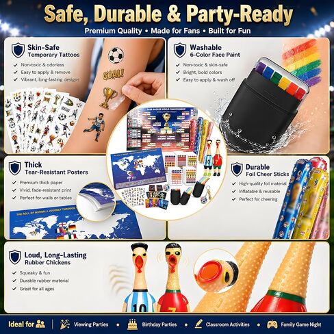 2026 Soccer Tournament Extra Large Schedule Poster, Soccer Trading Cards Set, 20 Sheets Footable Tattoos, Keychain, 2Pcs Screaming Chicken&4Pcs Cheering Balloon Stick for Fans Gifts Party Decorations in Kuwait