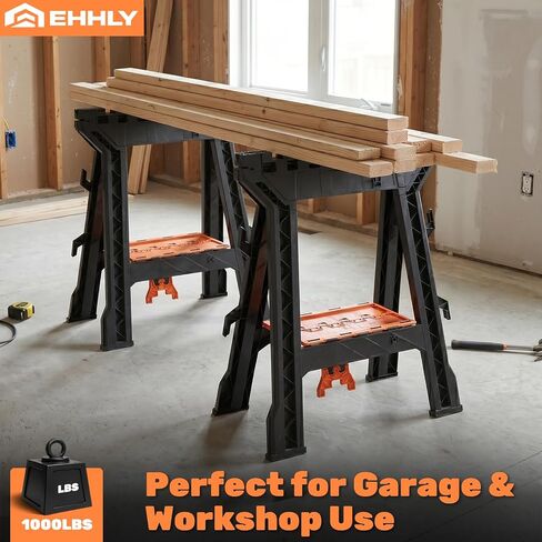 EHHLY Folding Saw Horses 2 Pack, Heavy Duty 1000 lbs Capacity with Sawbucks in Kuwait