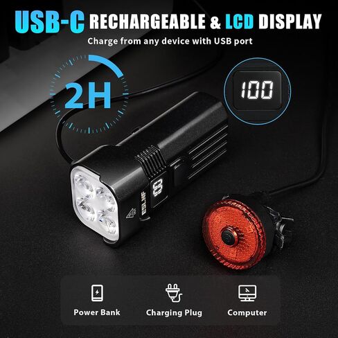 Bike Light for Night Riding, 2000LM Bicycle Headlight & Taillight, Multiple Modes, 3000mAh USB C Rechargeable Waterproof LED Bright Bike Headlights for Cyclists and Road Mountain and Commuters in Kuwait
