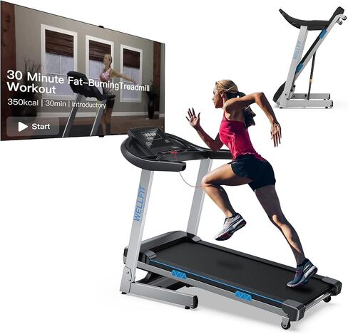 جهاز مشي منزلي من WELLFIT سعة 400+ رطل، جهاز مشي شديد التحمل 4.0 حصان، 15% تسلق تلقائي للجري، جهاز مشي قابل للطي مع درابزين، حزام عريض 18*43 بوصة، 95% مثبت مسبقًا، جهاز مشي تجاري صغير in Kuwait