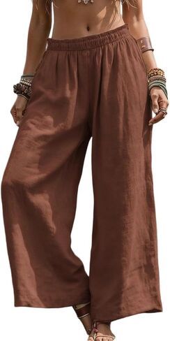 Womens Wide Leg Pants Cotton Linen High Waisted Palazzo Pant Summer Lightweight Flowy Beach Trousers Vacation Outfit in Kuwait